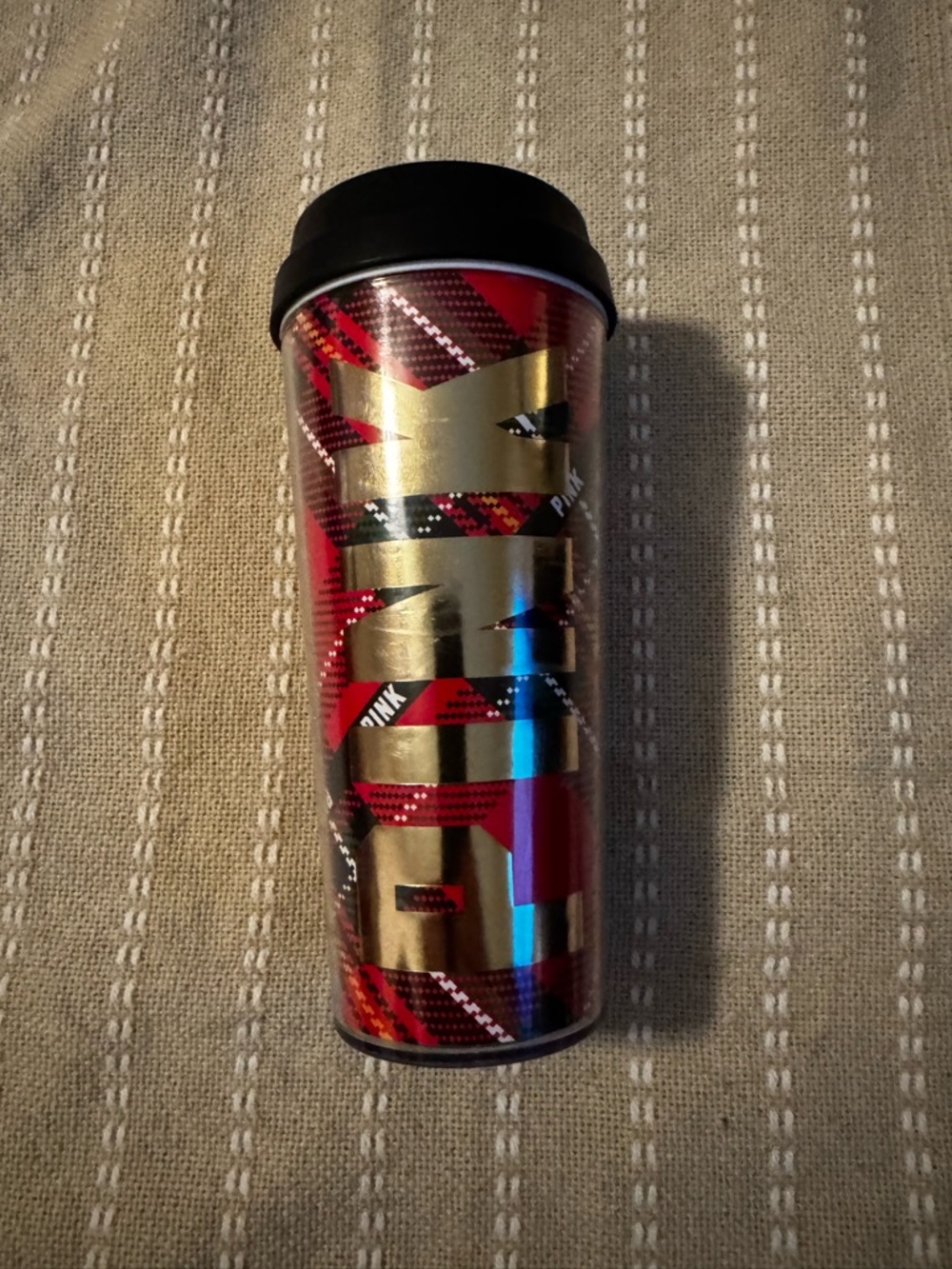 PINK Plaid Travel Tumbler with Gold Accent